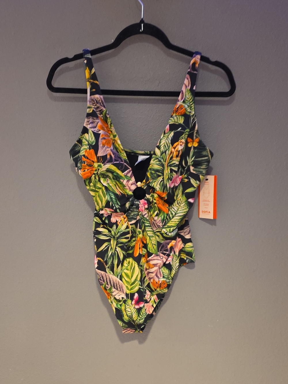 Tropical Floral One-Piece Swimsuit - Black Base with Green & Orange